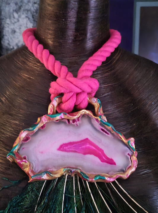 Exotic Pink Agate Peacock Sword Feather Rope Chest Piece, Avant Gar