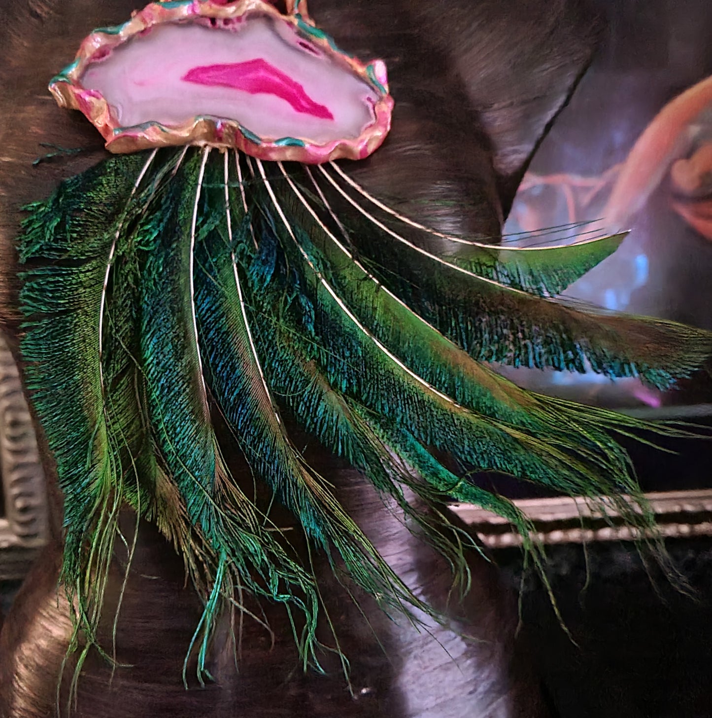 Exotic Pink Agate Peacock Sword Feather Rope Chest Piece, Avant Gar