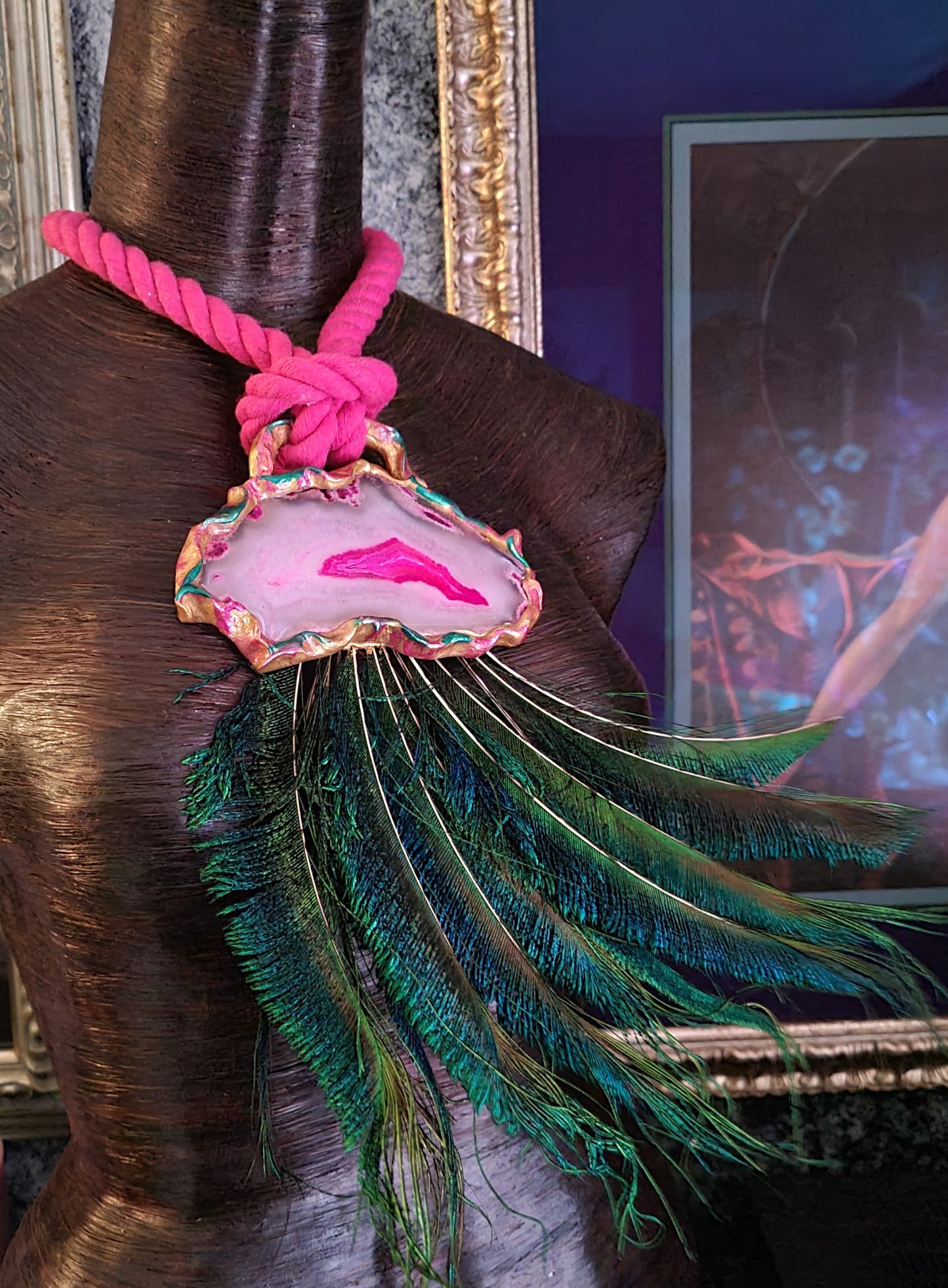 Exotic Pink Agate Peacock Sword Feather Rope Chest Piece, Avant Gar