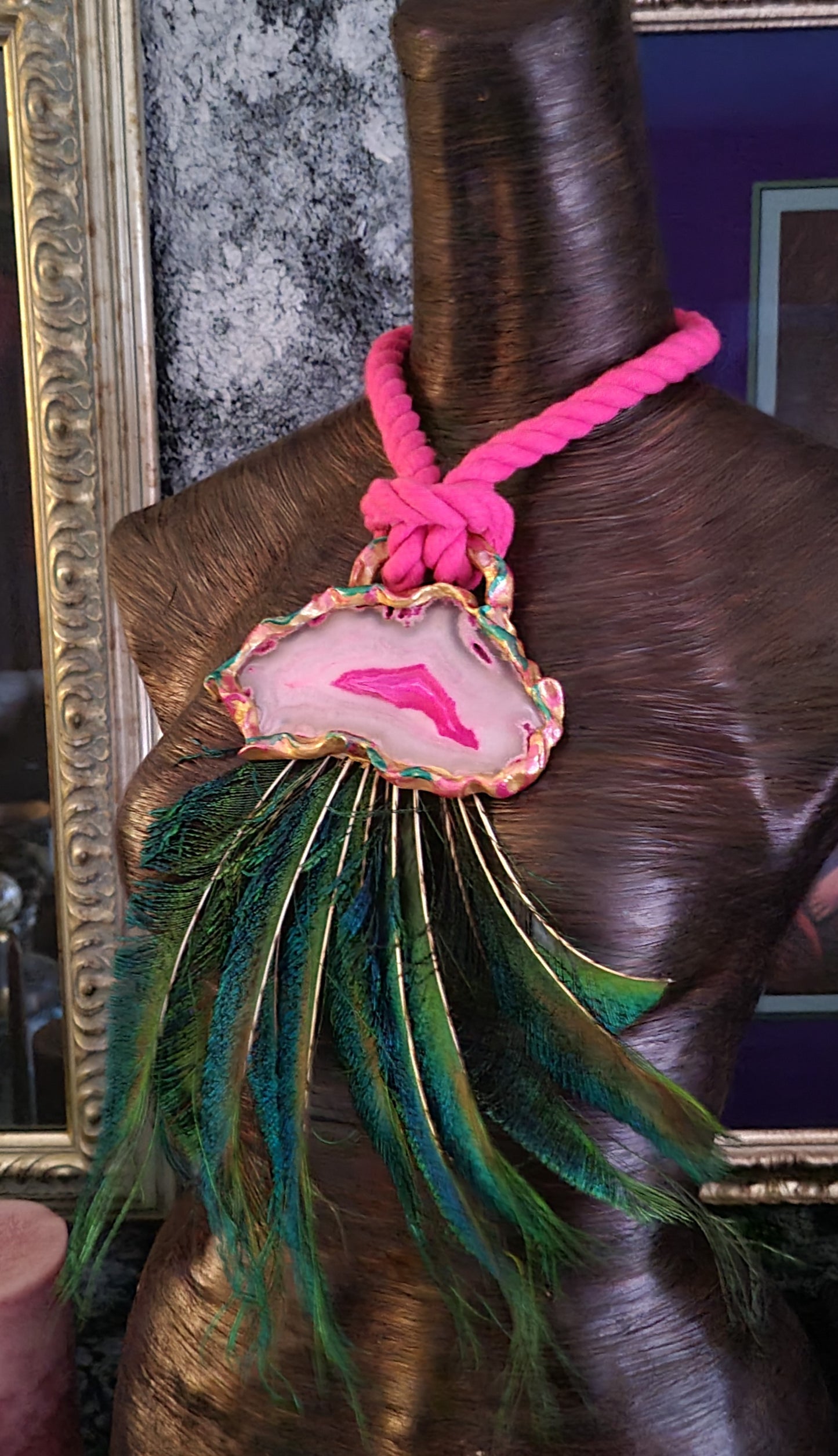 Exotic Pink Agate Peacock Sword Feather Rope Chest Piece, Avant Gar