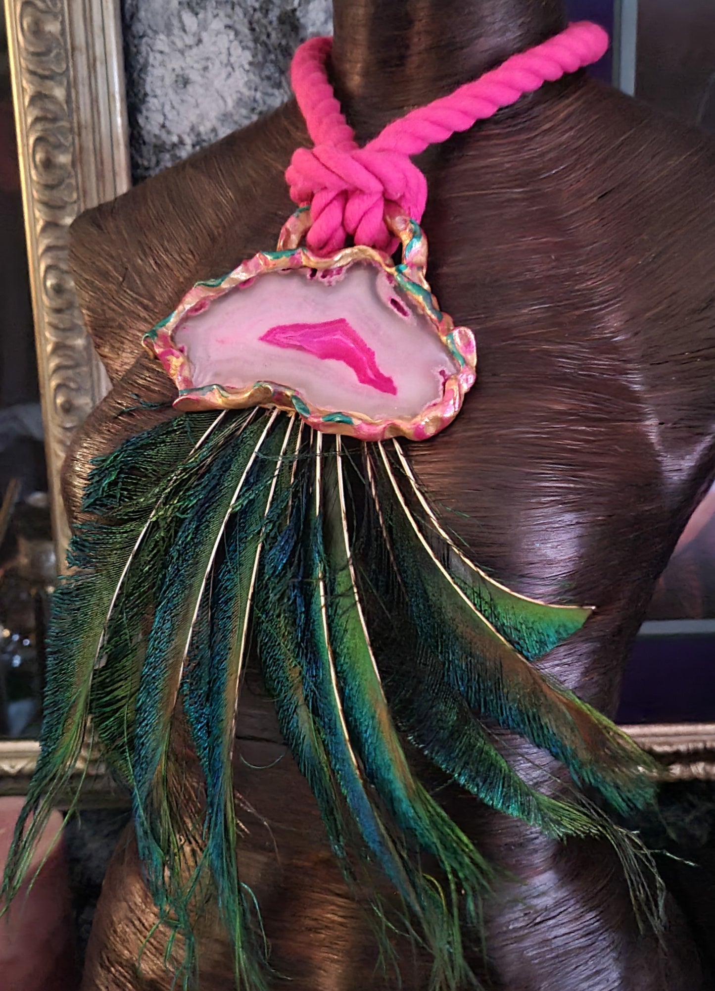 Exotic Pink Agate Peacock Sword Feather Rope Chest Piece, Avant Gar