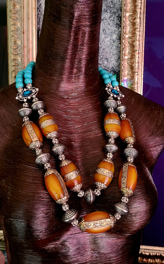 Oversized Tibetan Resin Repousse Silver Capped Beaded Chest Piece