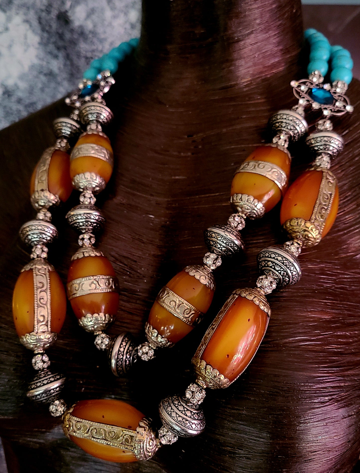 Oversized Tibetan Resin Repousse Silver Capped Beaded Chest Piece