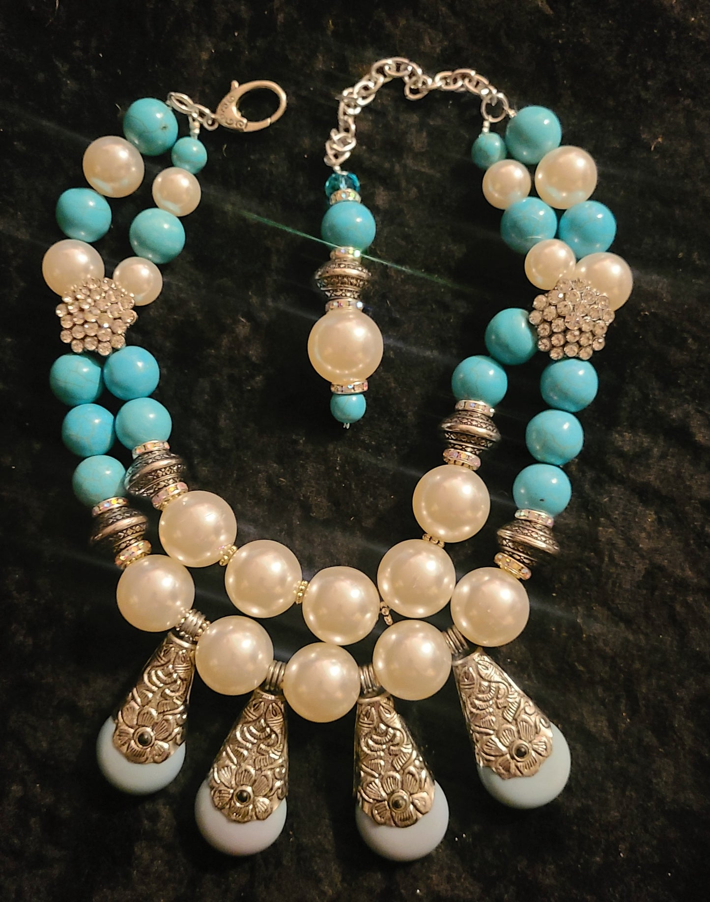 Faux Pearl Blue Magnesite & Rhinestone Statement Luxury Necklace Tib