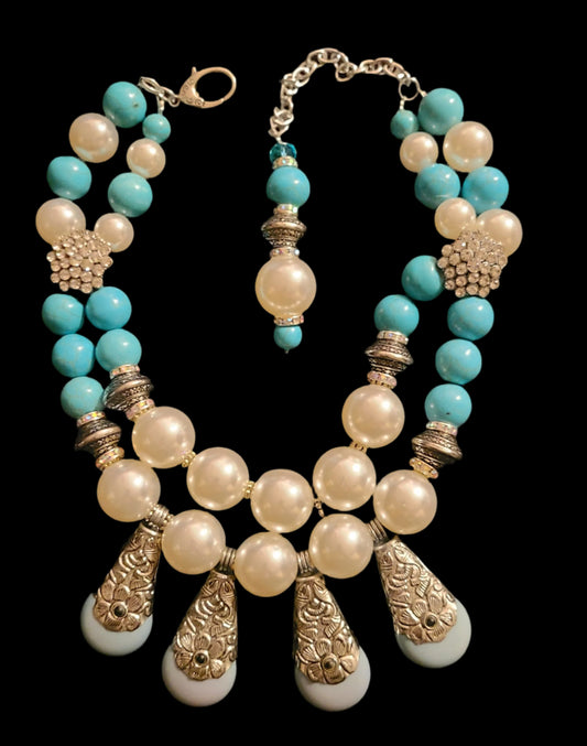 Faux Pearl Blue Magnesite & Rhinestone Statement Luxury Necklace