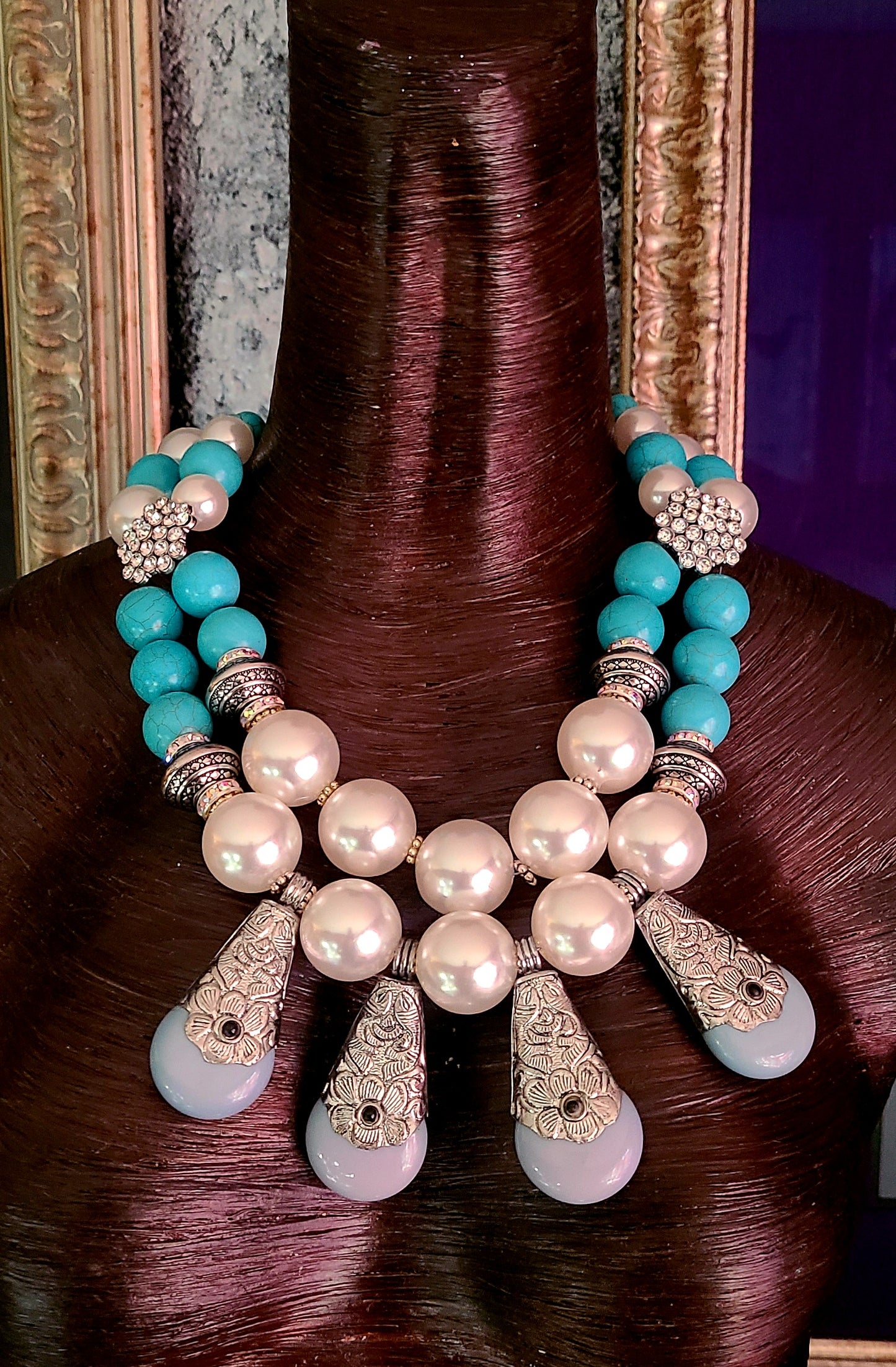 Faux Pearl Blue Magnesite & Rhinestone Statement Luxury Necklace Tib