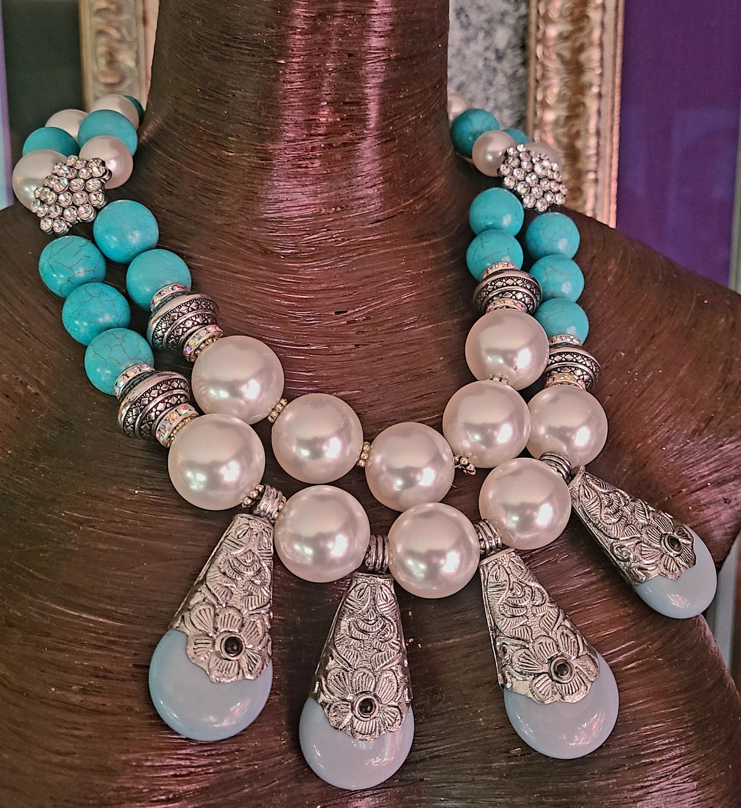 Faux Pearl Blue Magnesite & Rhinestone Statement Luxury Necklace Tib