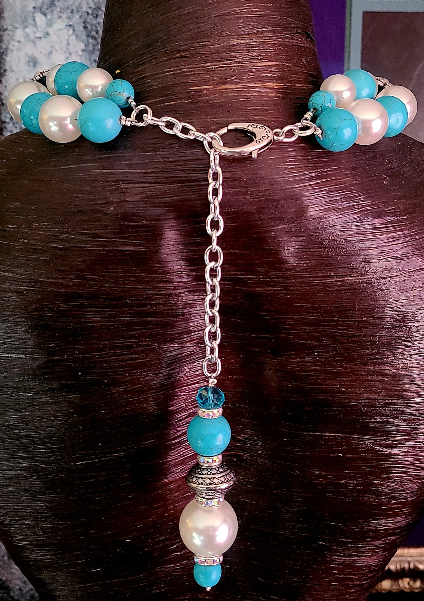 Faux Pearl Blue Magnesite & Rhinestone Statement Luxury Necklace Tib