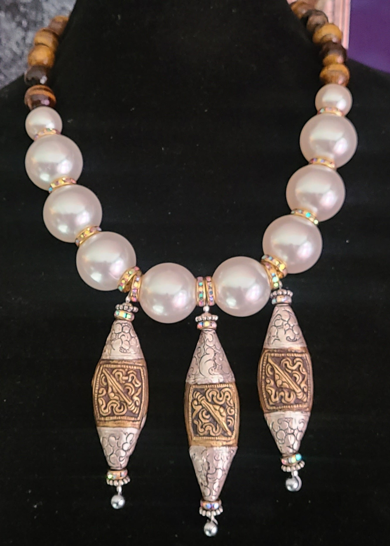 Oversized Faux Pearl & Tigers Eye Statement Luxury Necklace Big Bead
