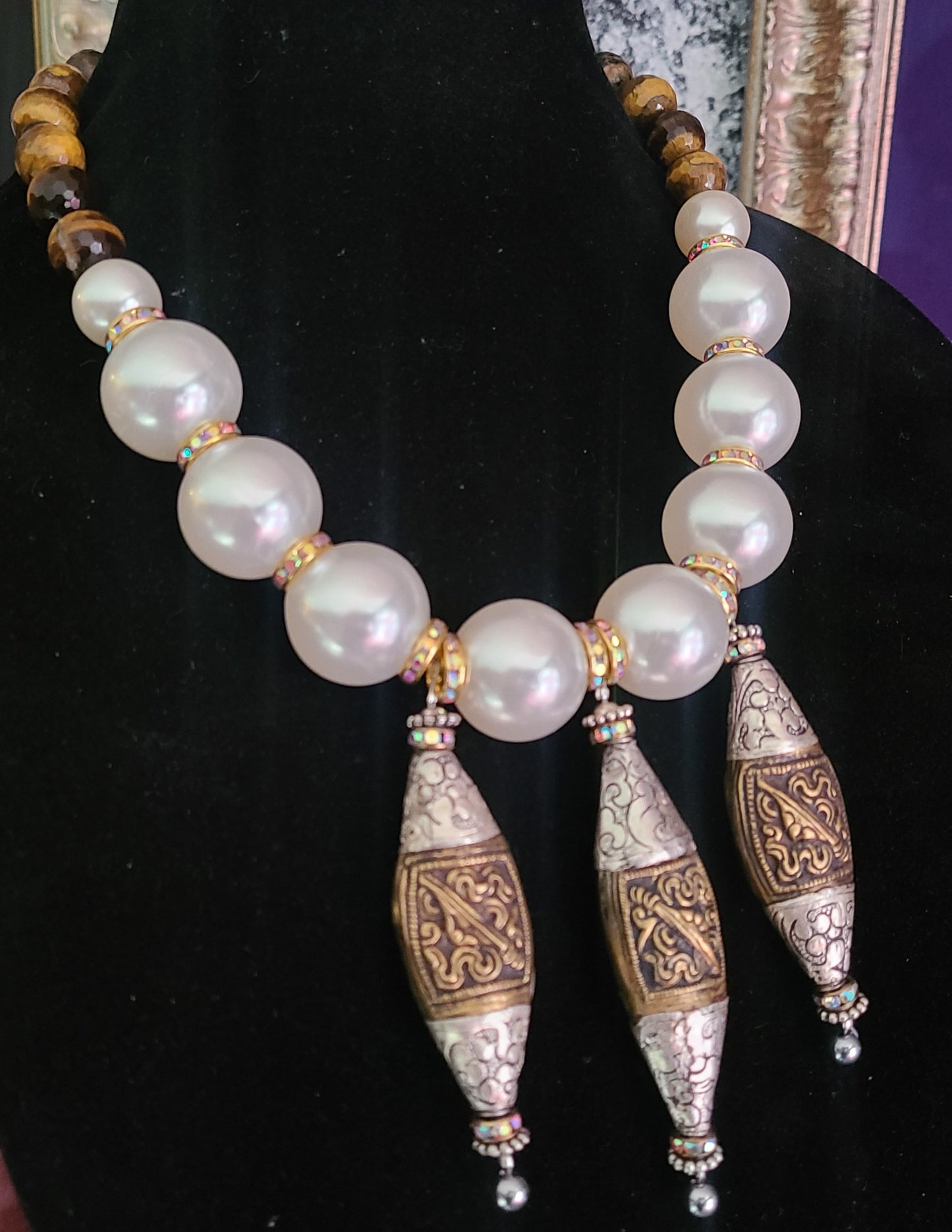 Oversized Faux Pearl & Tigers Eye Statement Luxury Necklace Big Bead
