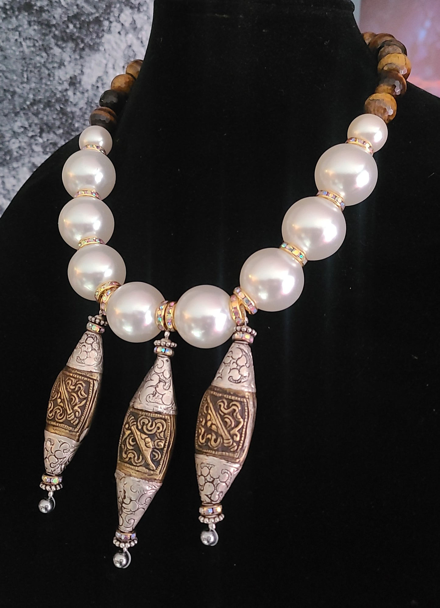 Oversized Faux Pearl & Tigers Eye Statement Luxury Necklace Big Bead