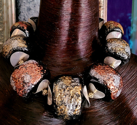 Luxury Sculpted Bead Statement Necklace Black Silver Gold - Iris Apfel Style