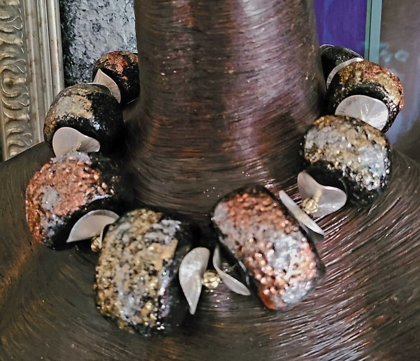 Luxury Sculpted Bead Statement Necklace Black Silver Gold - Iris Apfel Style