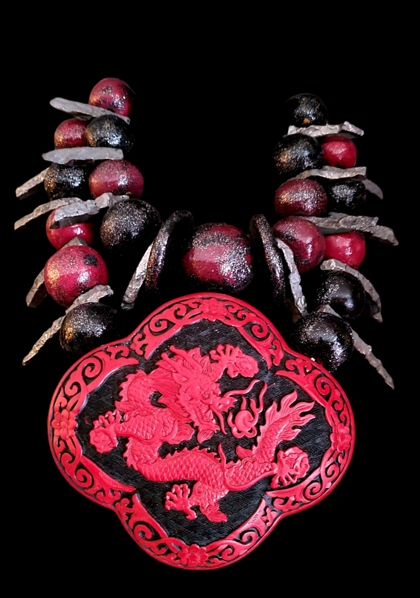 Cinnabar Lacquer Dragon Motif Pendant Hand Sculpted Necklace