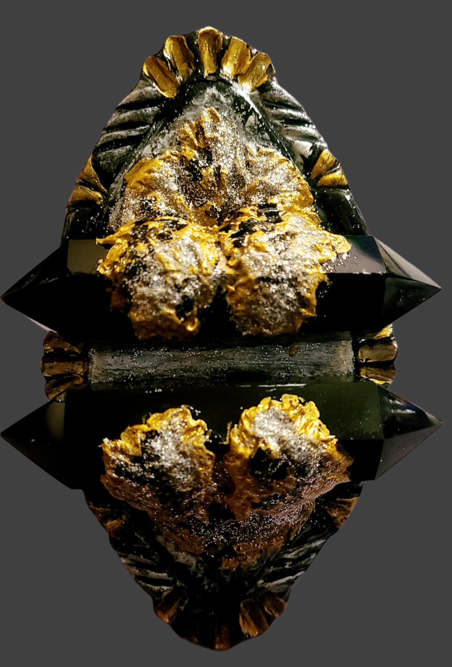 Art Deco Sculpted Baroque Hand Ring With Double Terminated Black Onyx