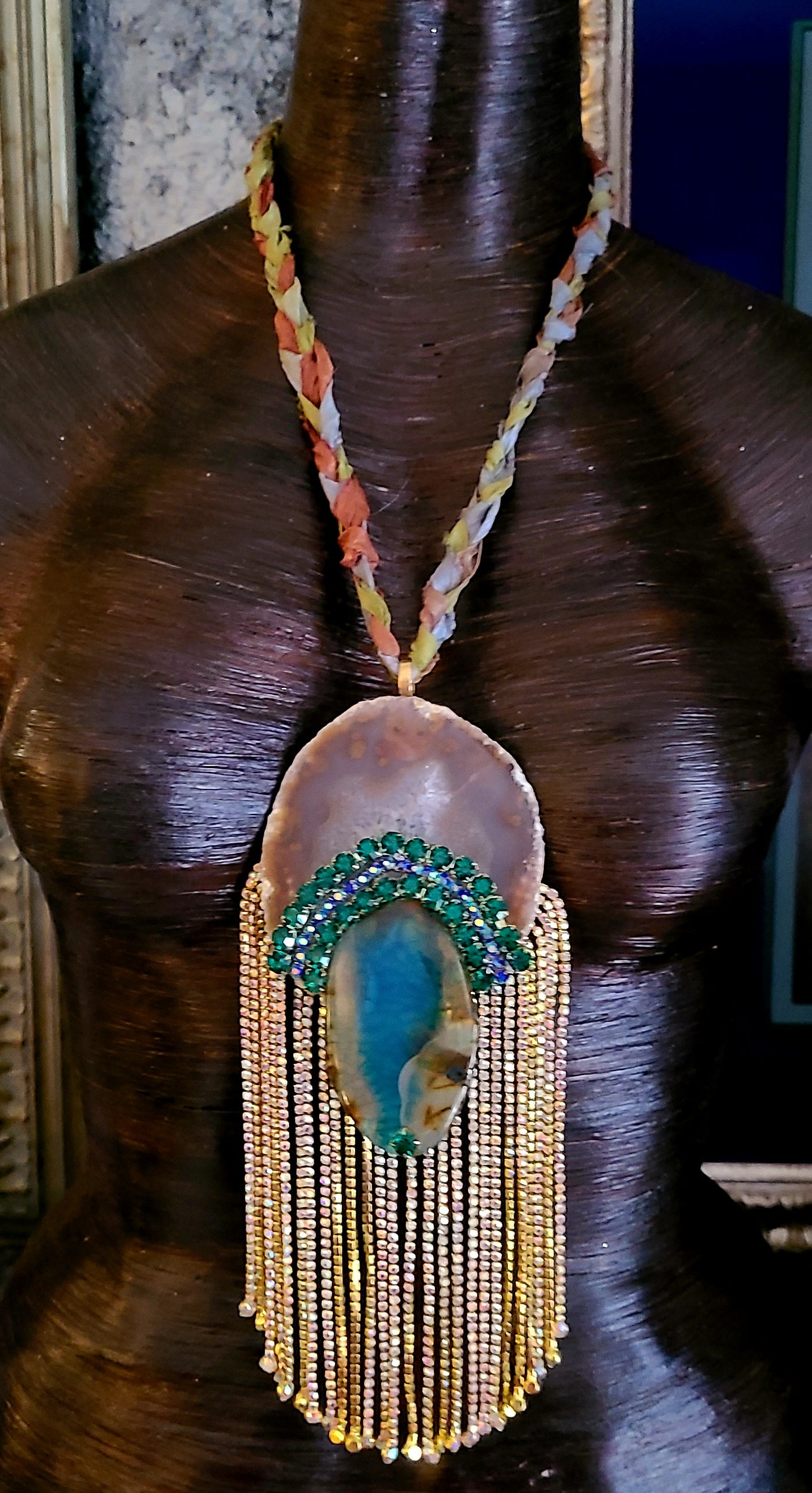 Green & Brown Multi Agate Statement Gemstone Pendant with Rhinestone F