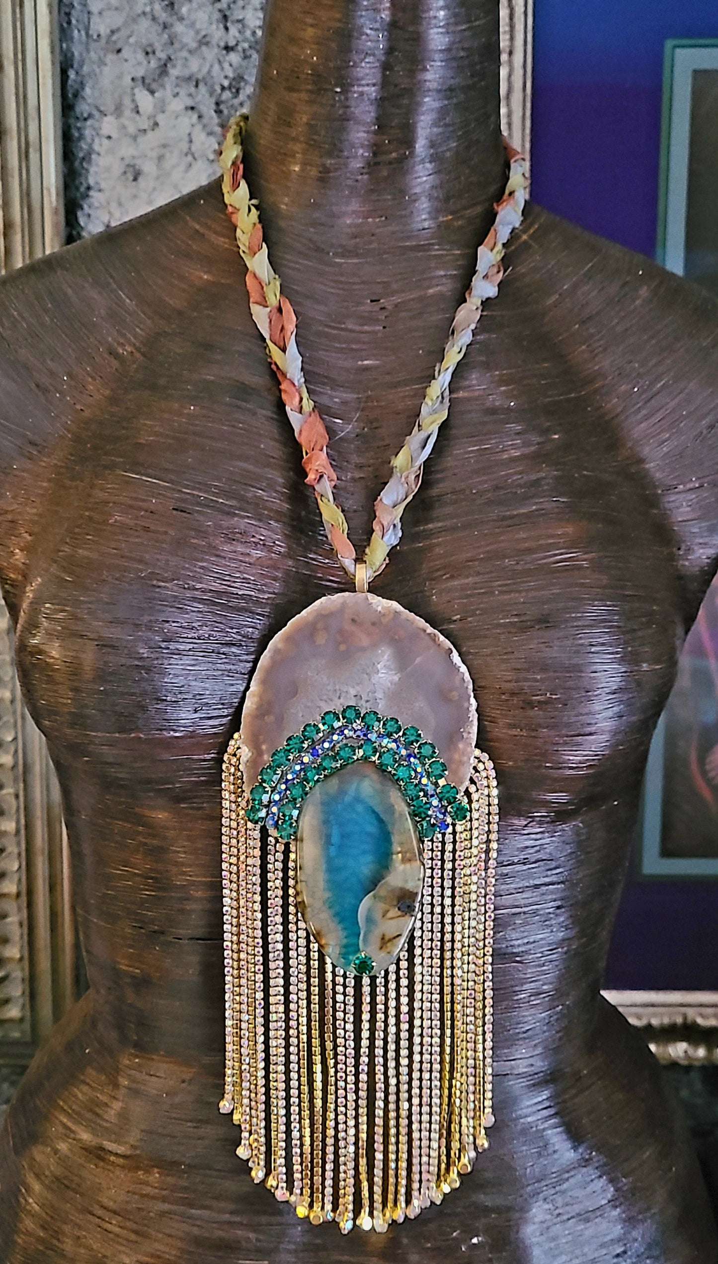 Green & Brown Multi Agate Statement Gemstone Pendant with Rhinestone F