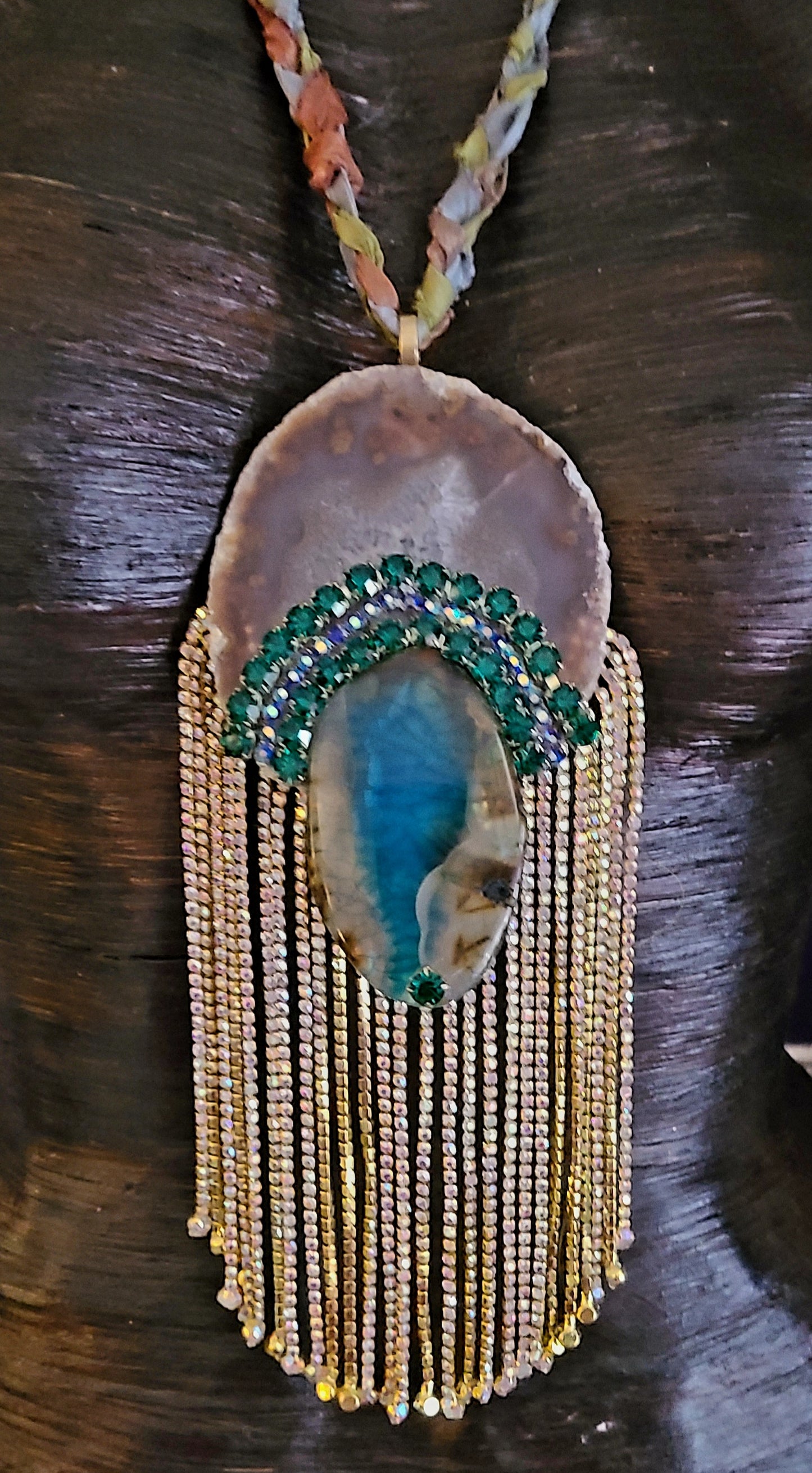 Green & Brown Multi Agate Statement Gemstone Pendant with Rhinestone F