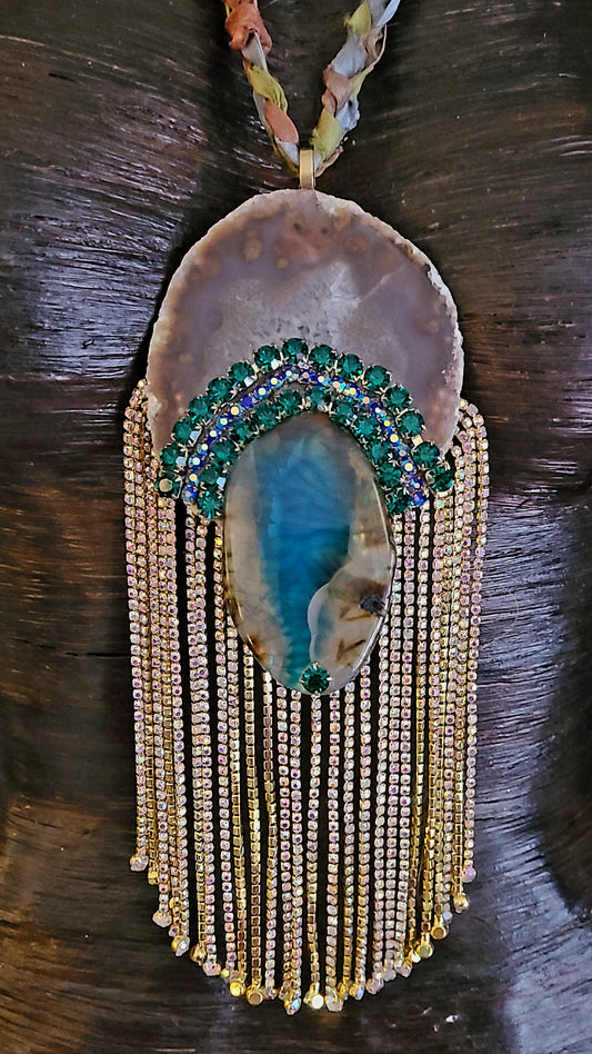 Green Brown Agate Pendant Rhinestone Fringe - Boho Glam