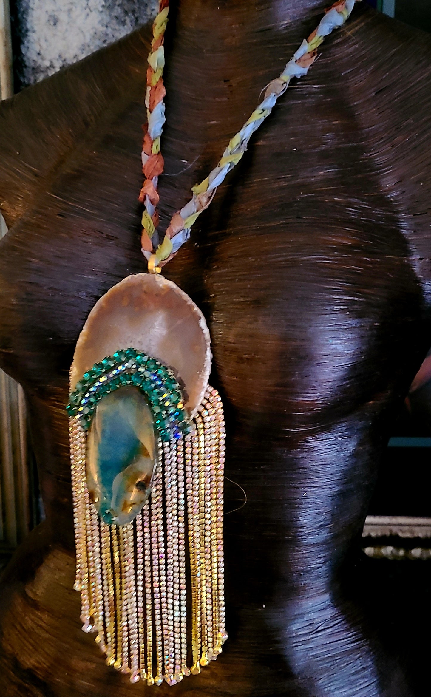 Green Brown Agate Pendant Rhinestone Fringe - Boho Glam