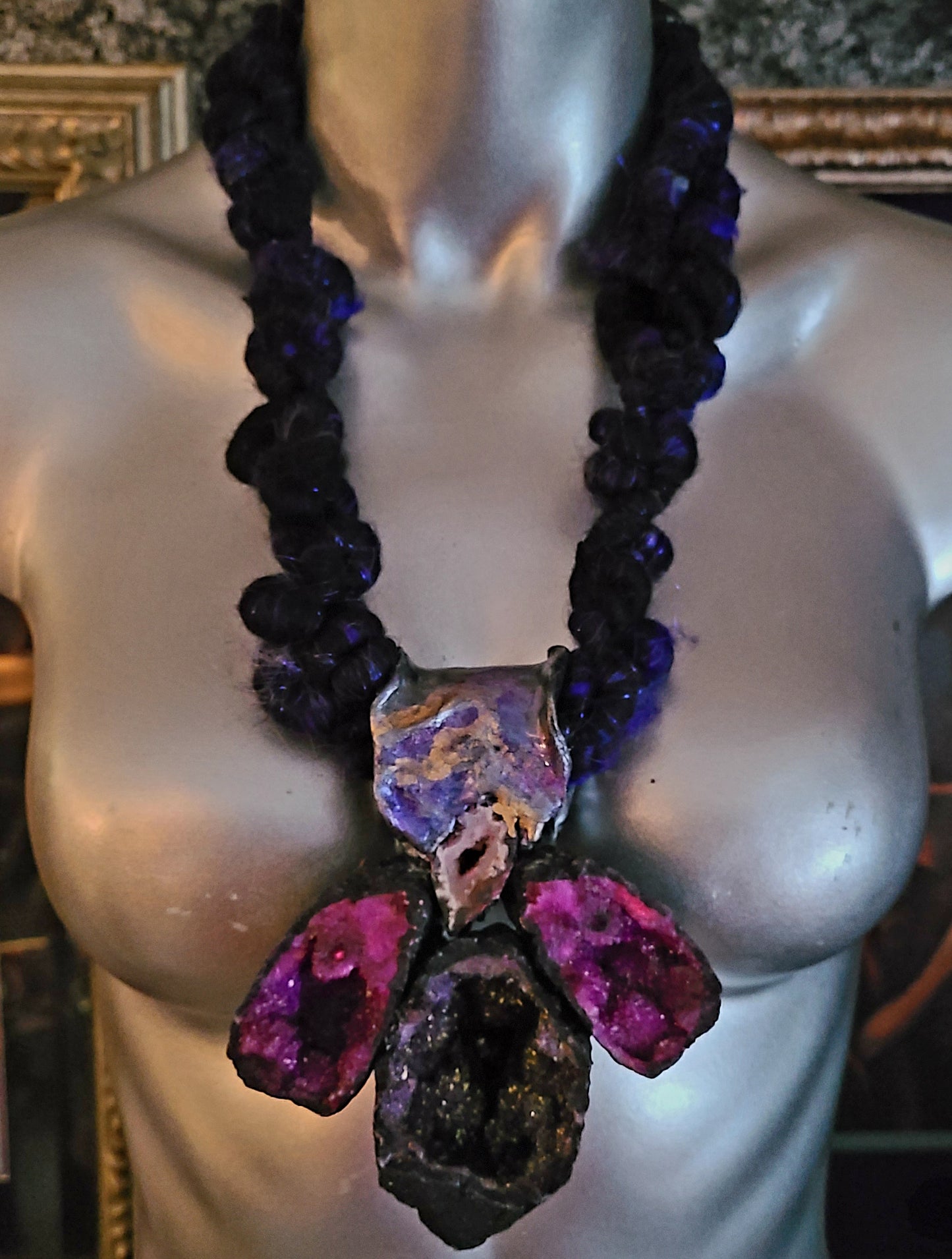 Purple Druzy Geode Sculpted Gemstone Pendant With Art Yarn Luxury Neck