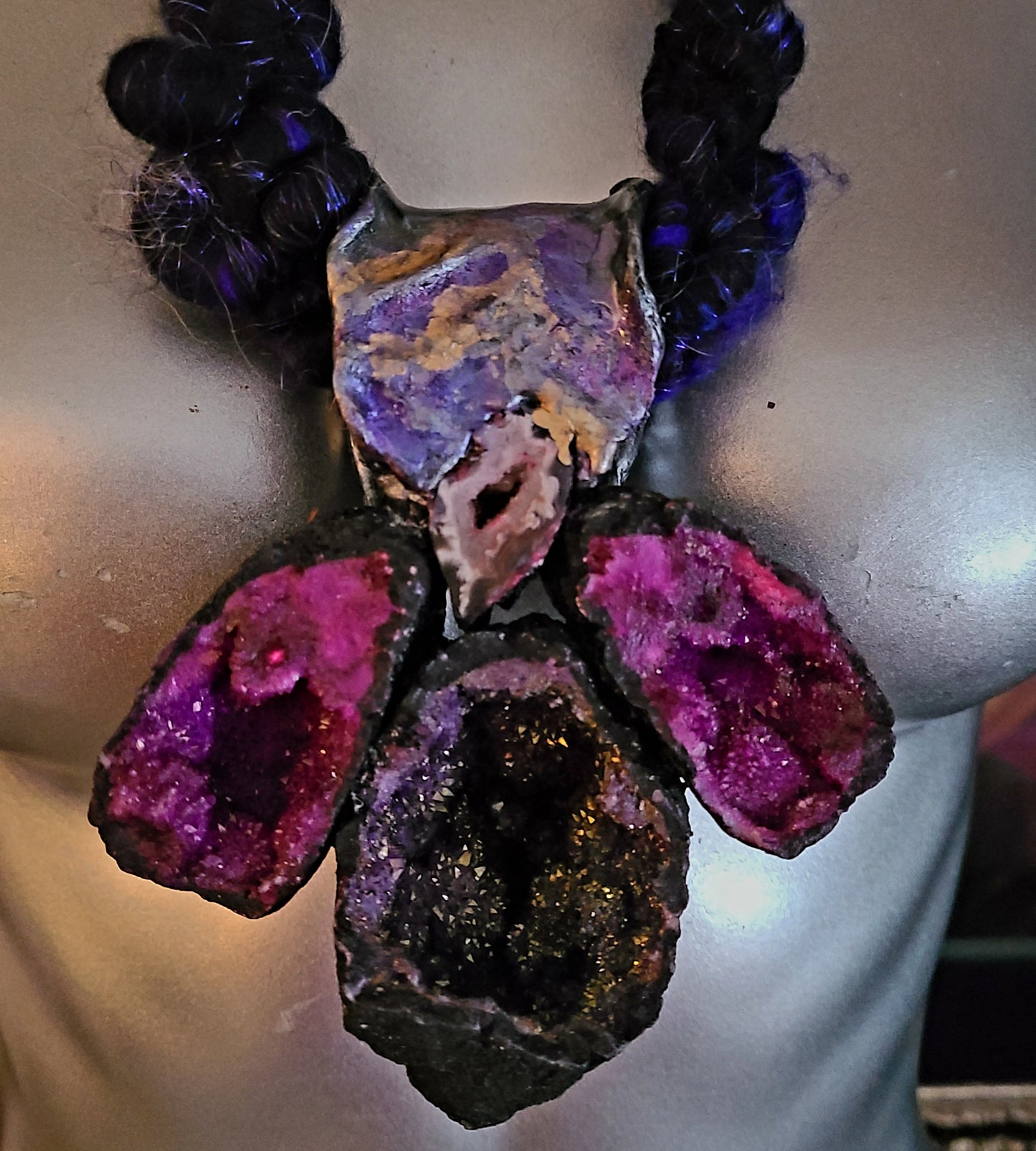 Purple Druzy Geode Sculpted Gemstone Pendant With Art Yarn Luxury Neck