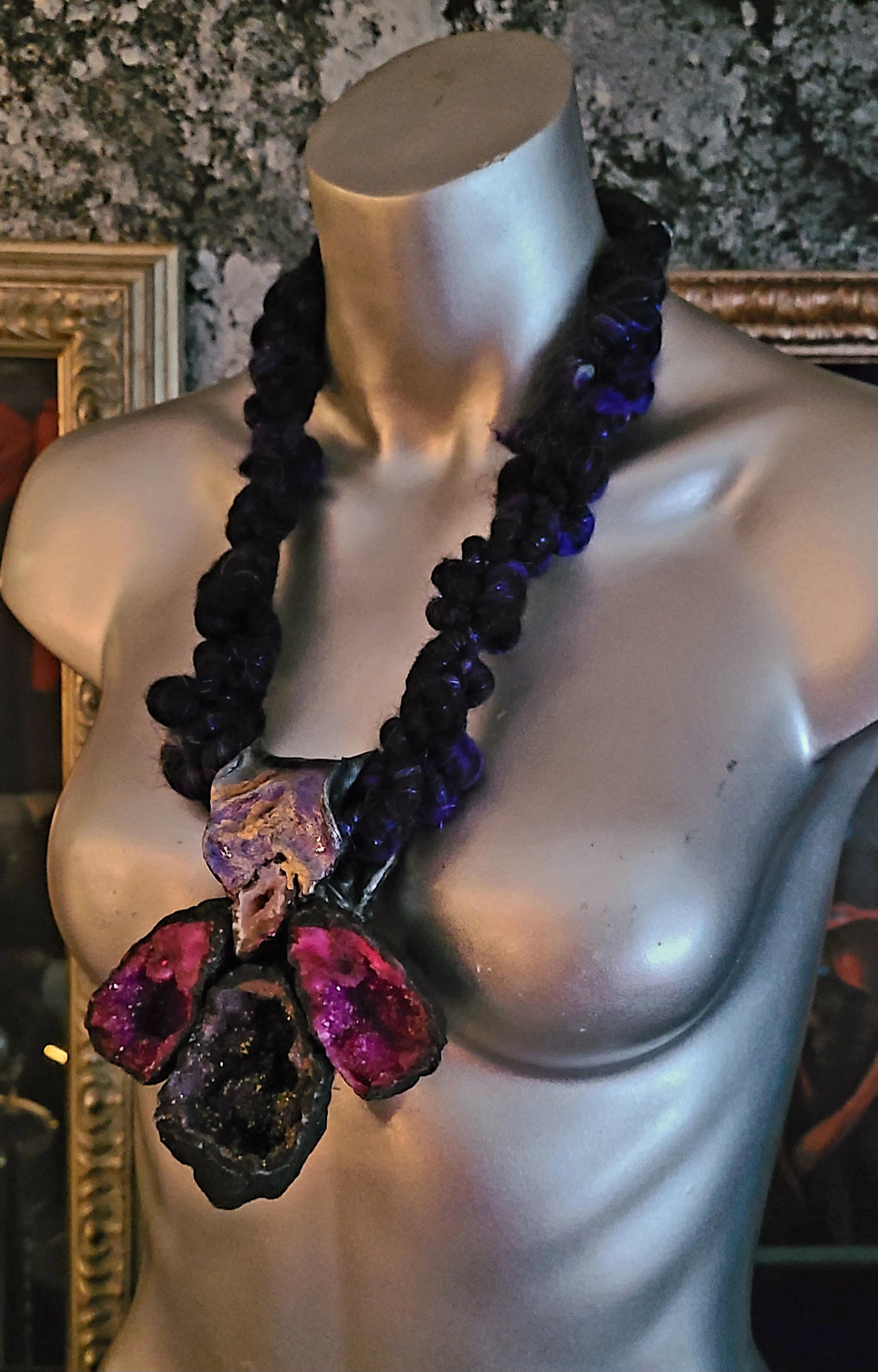 Purple Druzy Geode Sculpted Gemstone Pendant With Art Yarn Luxury Neck