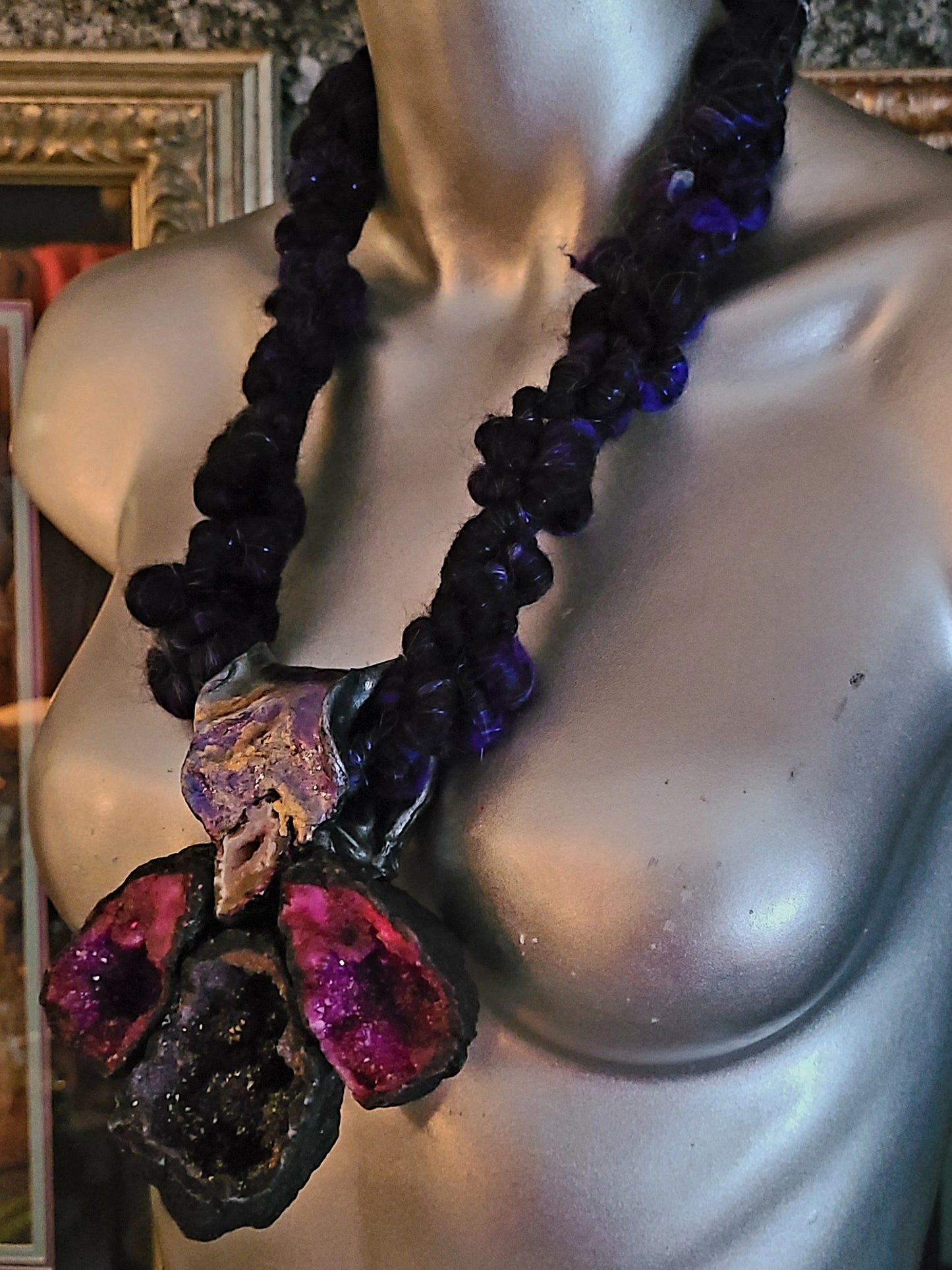 Purple Druzy Geode Sculpted Gemstone Pendant With Art Yarn Luxury Neck