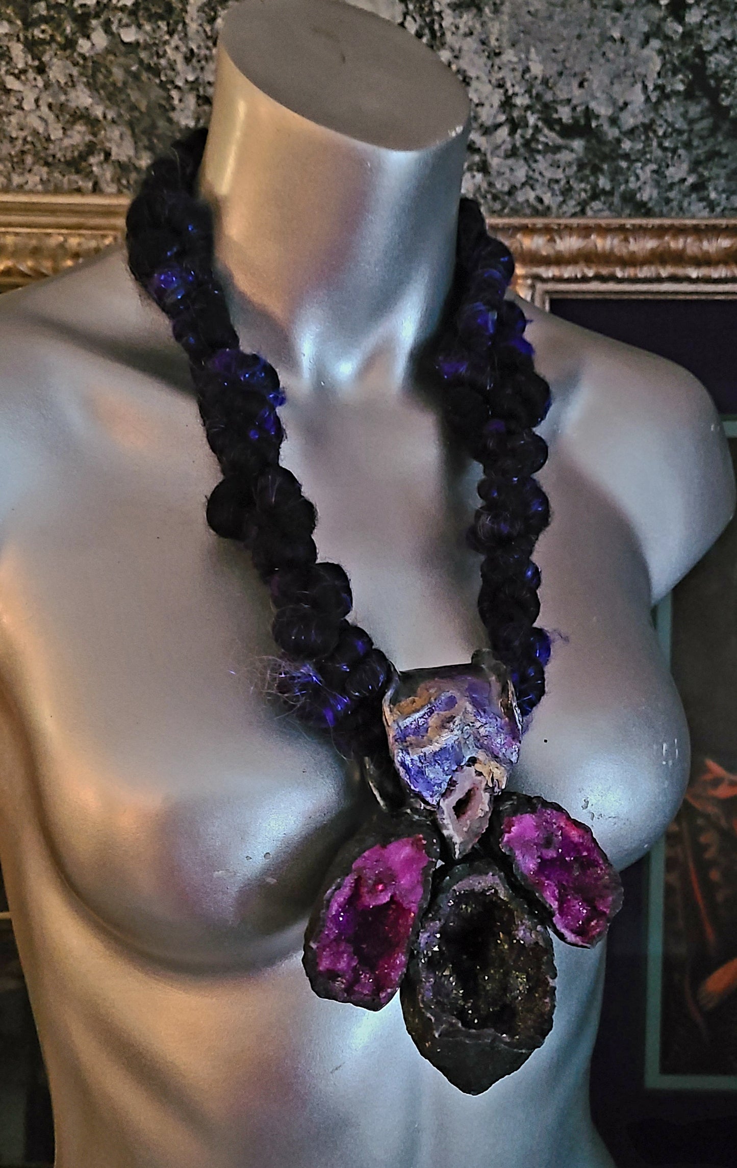 Purple Druzy Geode Sculpted Gemstone Pendant With Art Yarn Luxury Neck