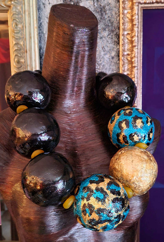 Black Gold Blue Leopard Hand Sculpted Beaded Chest Piece OOAK Art to Wear