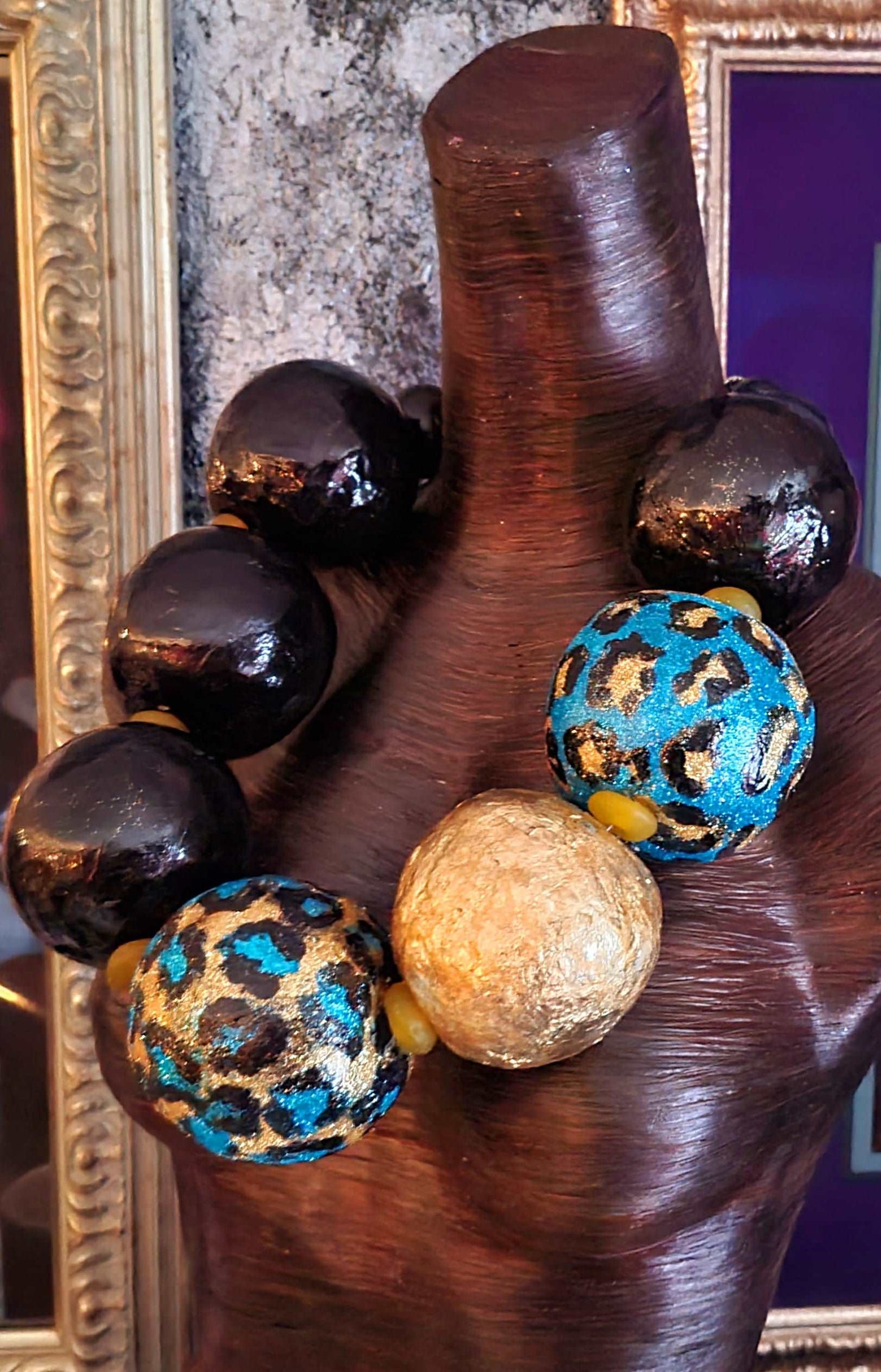 Black Gold Blue Leopard Hand Sculpted Beaded Chest Piece OOAK Art to Wear