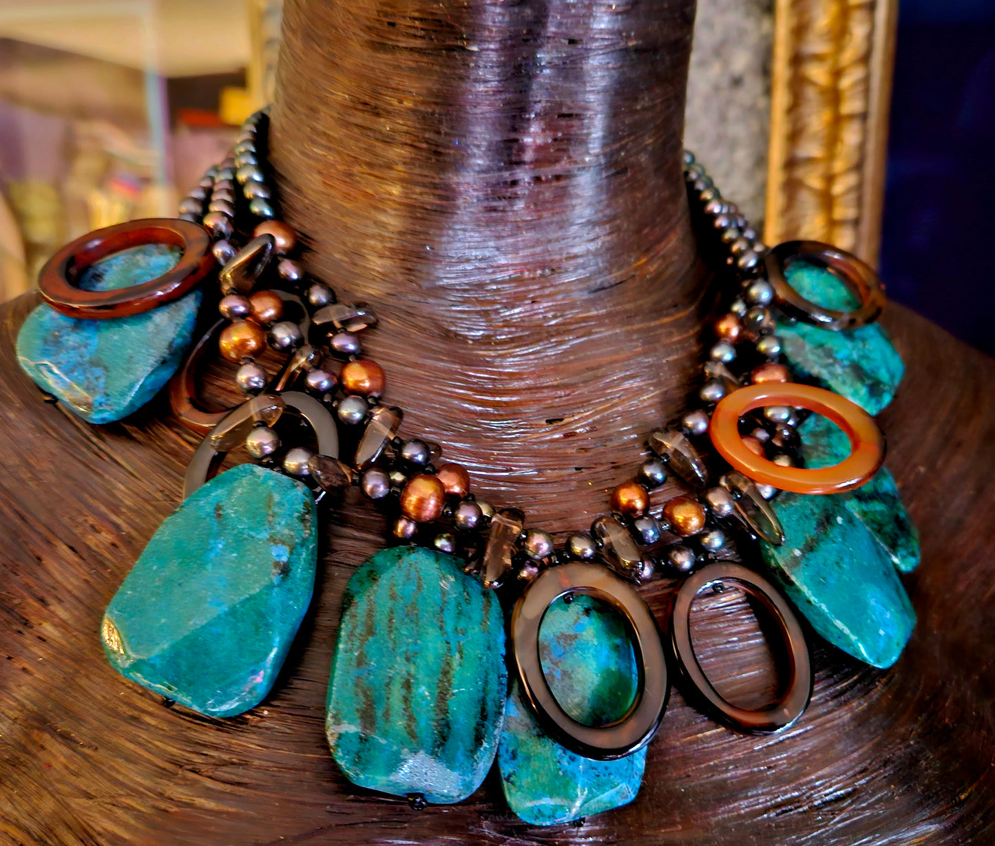 Chrysocolla & Freshwater Pearl Bespoke Statement Luxury Necklace, Soci