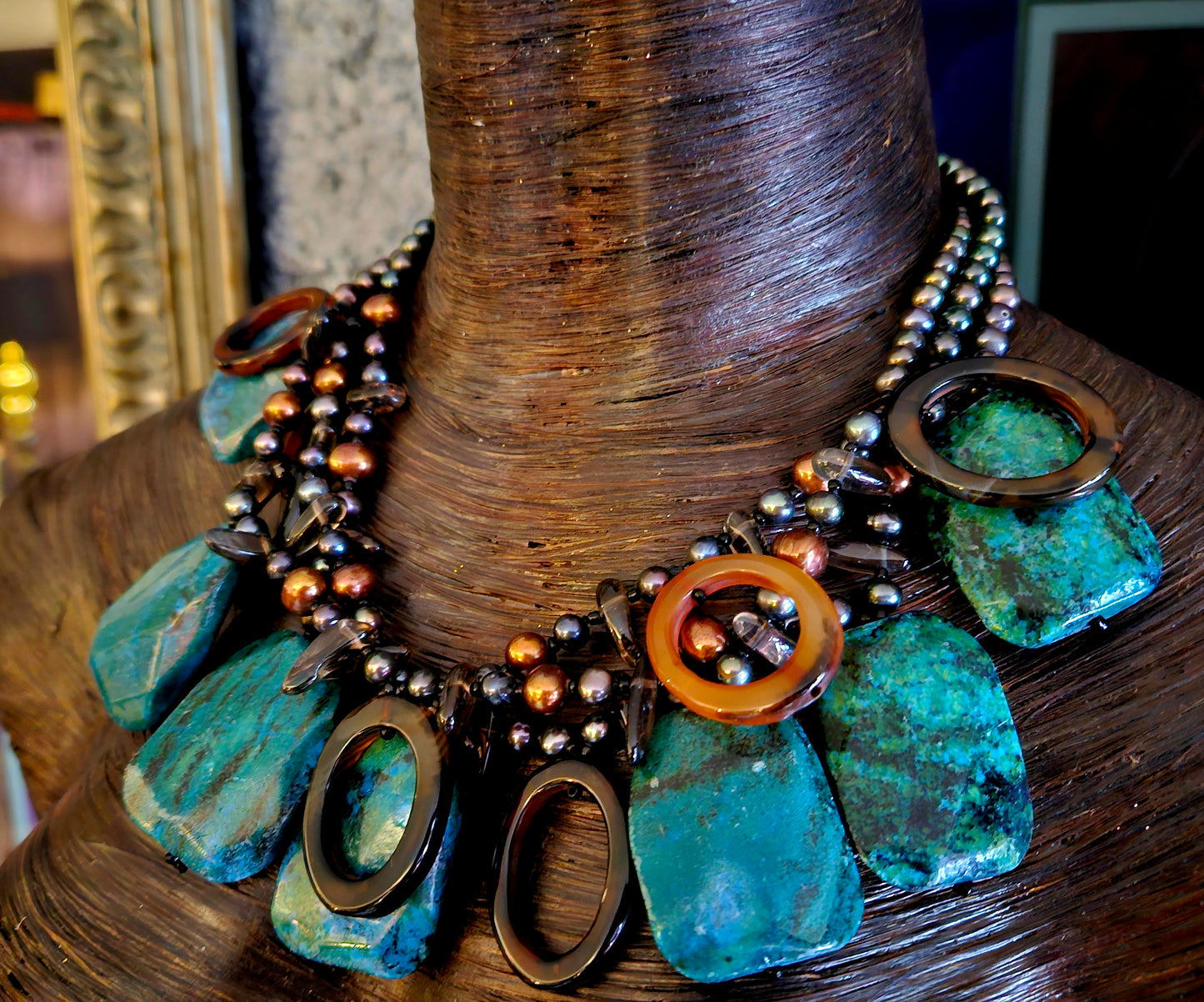 Chrysocolla & Freshwater Pearl Bespoke Statement Luxury Necklace, Soci