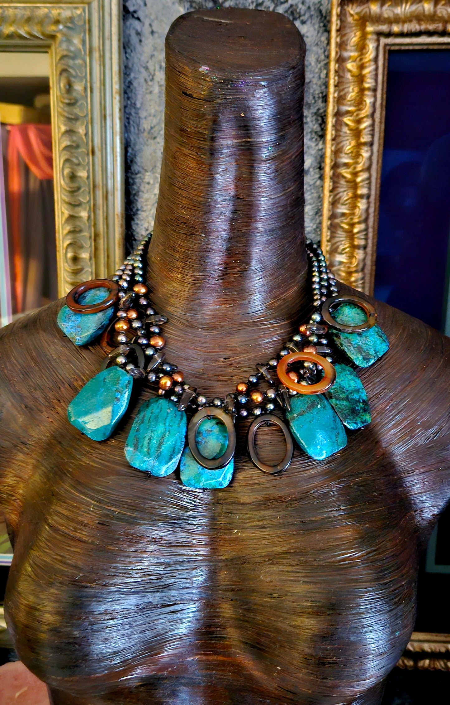 Chrysocolla & Freshwater Pearl Bespoke Statement Luxury Necklace, Soci