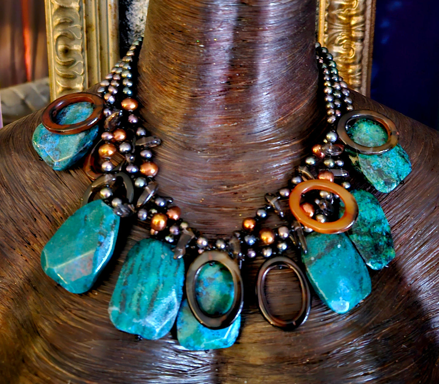 Chrysocolla & Freshwater Pearl Bespoke Statement Luxury Necklace, Soci