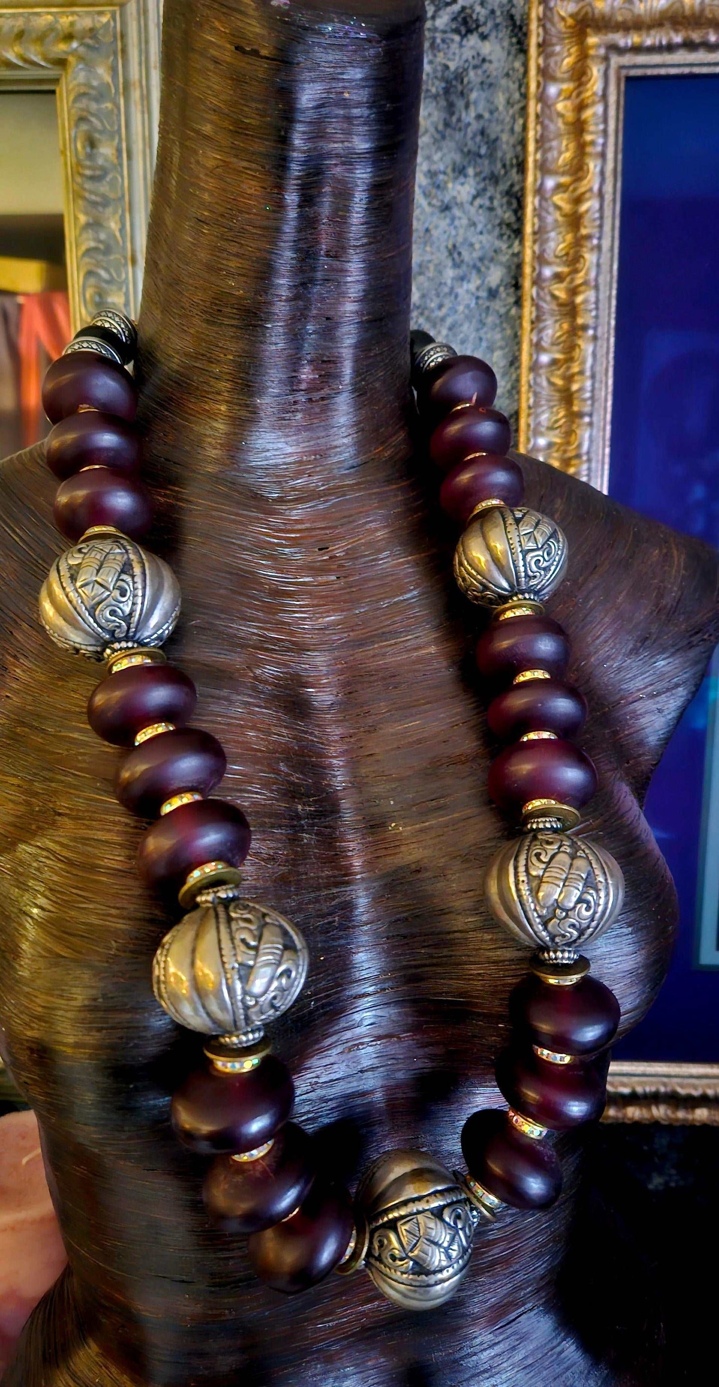 Burgundy Moroccan Resin & Tibetan Silver Repousse Long Statement Necklace; Exotic Oversized Beaded Tribal Necklace, Rare Scarce Unisex Ethnic Rope, Bold Chunky Opera Length Neck Piece