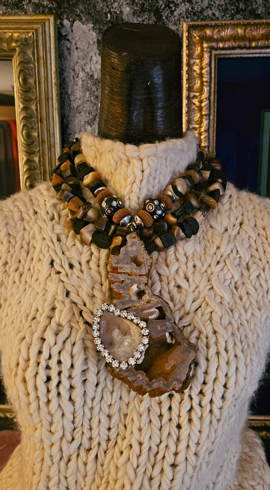 Fossilized Coral Geode Pendant - Chunky Bone Unisex Necklace