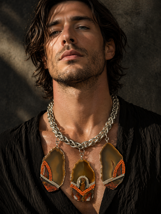 Agate & Jasper Triple Slice Statement Necklace - Unisex Gemstone Collar