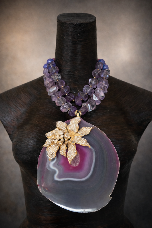 Huge Orchid Rhinestone Agate Pendant on a Faceted Amethyst Necklace