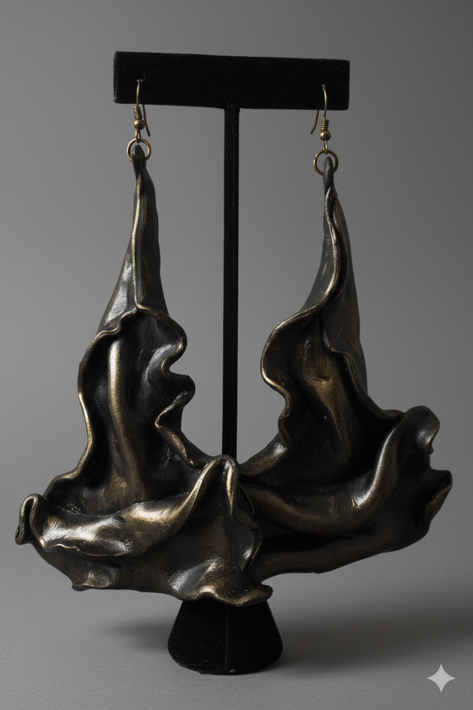 Avant Garde Faux Bronze Sculpted Architectural Pierced Earrings - OOAK
