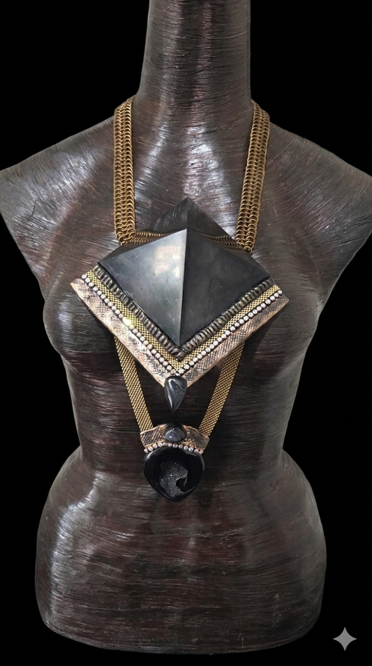 Mens Egyptian Revival Shungite Pyramid & Black Druzy Agate Chest Piece
