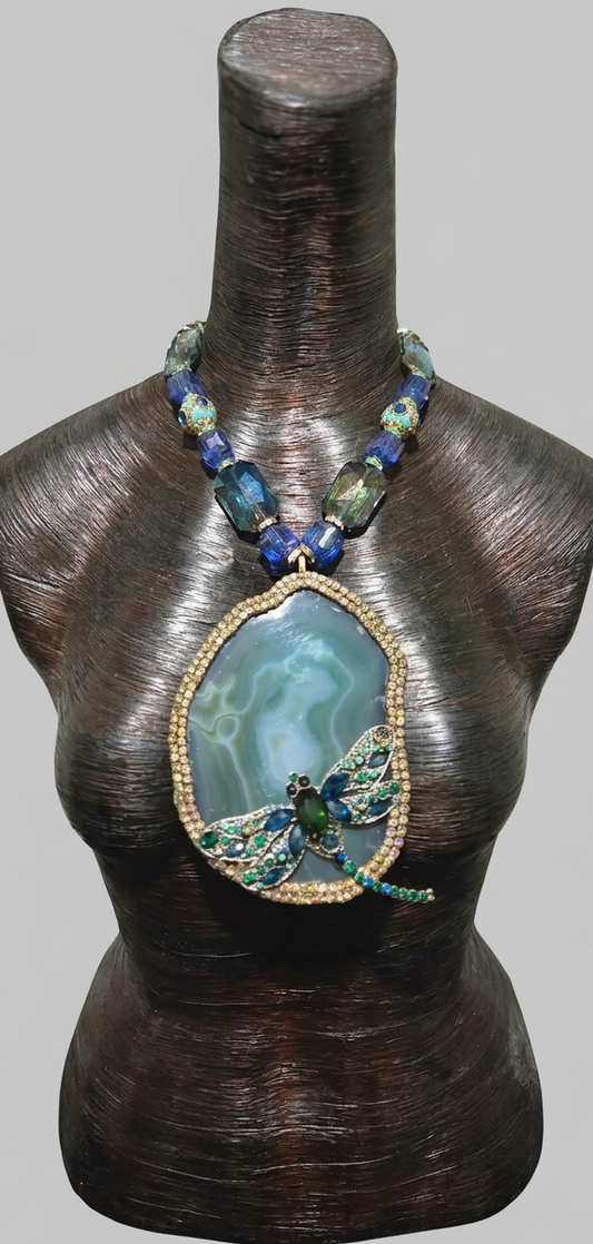 Massive Green Agate & Rhinestone Dragonfly Chest Piece - OOAK
