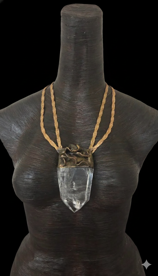 Sculpted Crystal Point Unisex Amulet With Vintage Brass & Copper Chain