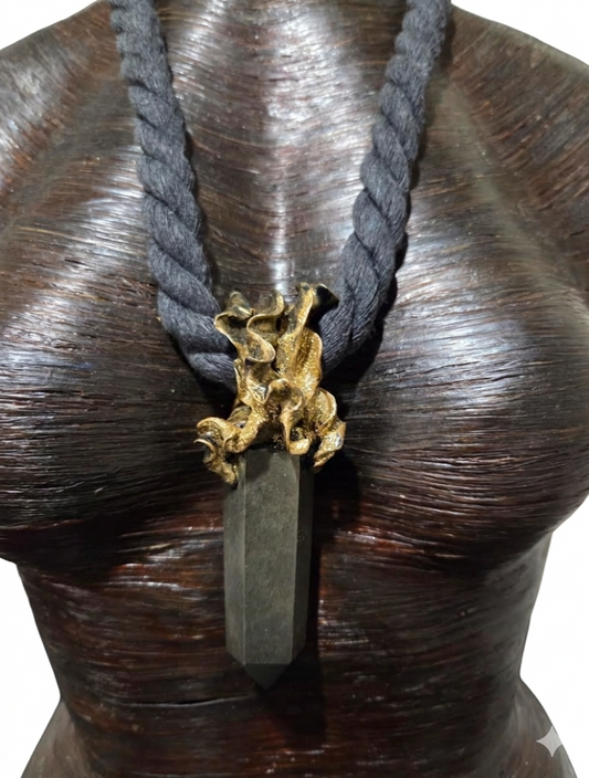 Sculpted Unisex Pyrite Gemstone Pendant on a Soft Black Cotton Rope