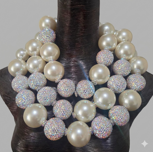 Huge Ivory Faux Pearl & Aurora Borealis Rhinestone Ball Statement Necklace