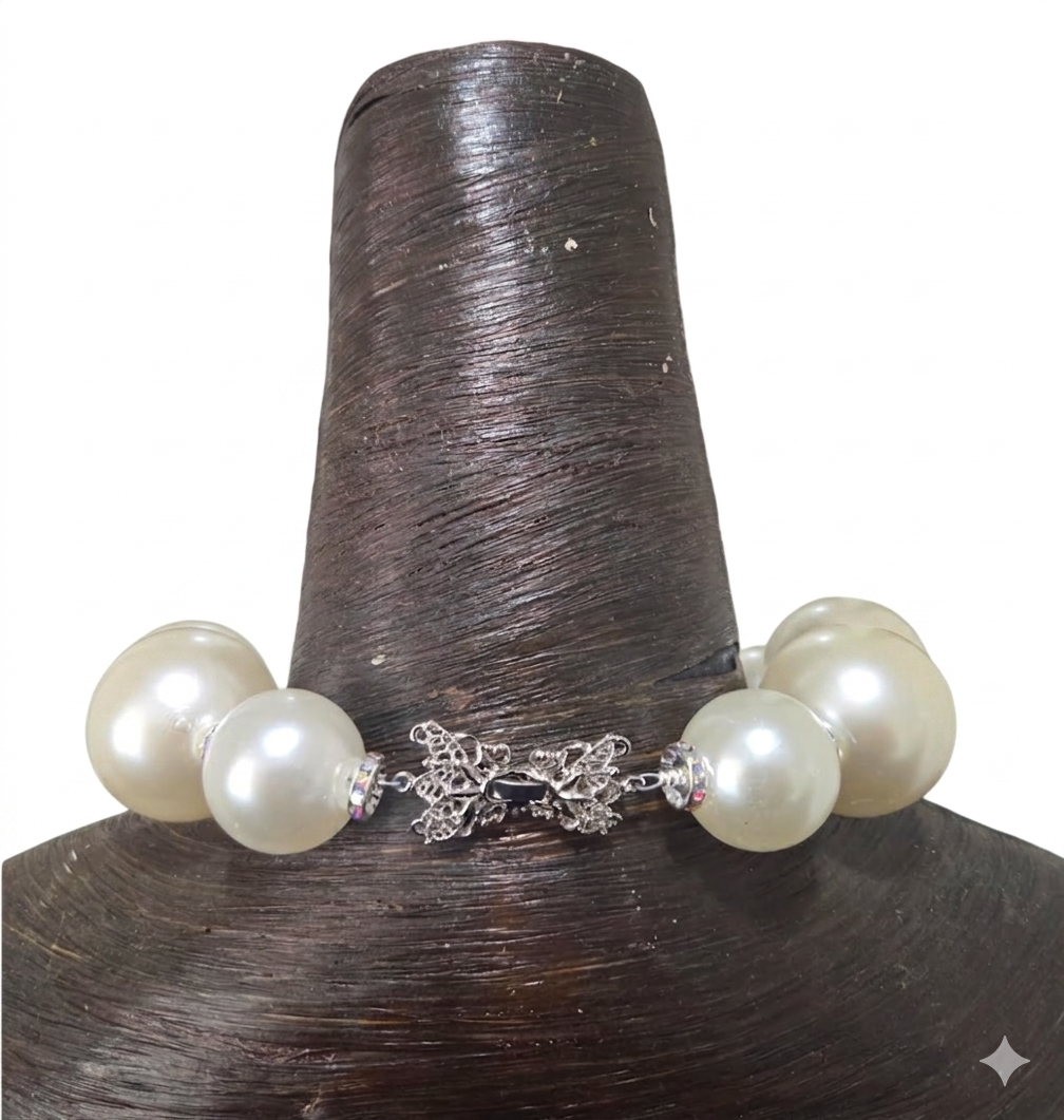 Oversized Ivory Faux Pearl Statement Necklace - Copper Rhinestone Ball