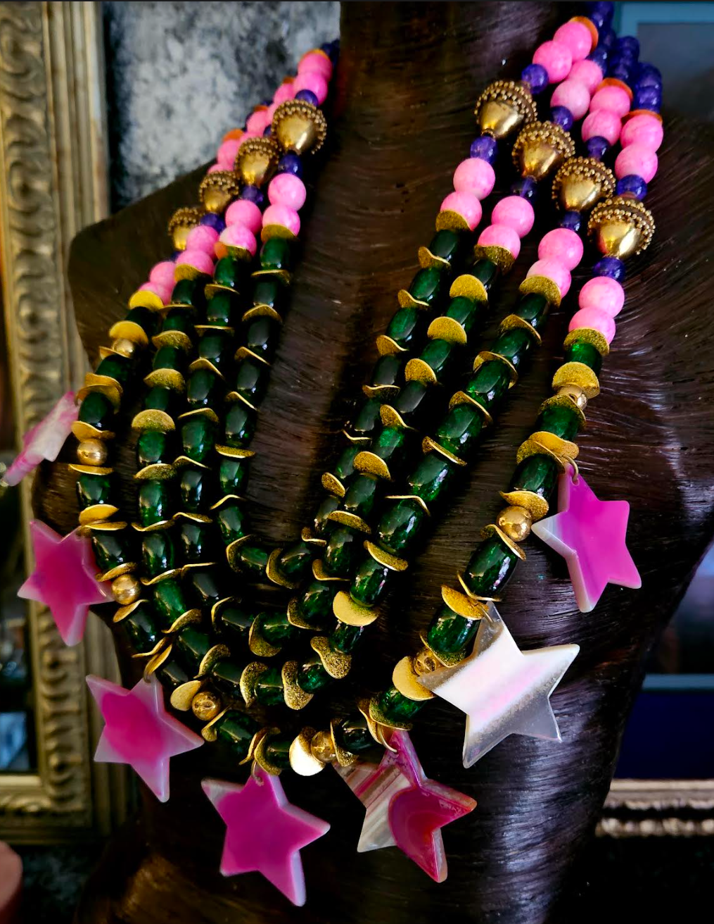 Purple Pink Green & Gold Couture Beaded Chest Piece With Agate Stars