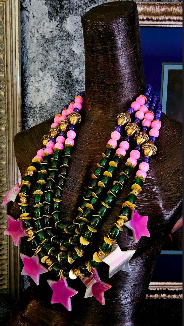 Purple Pink Green & Gold Couture Beaded Chest Piece With Agate Stars