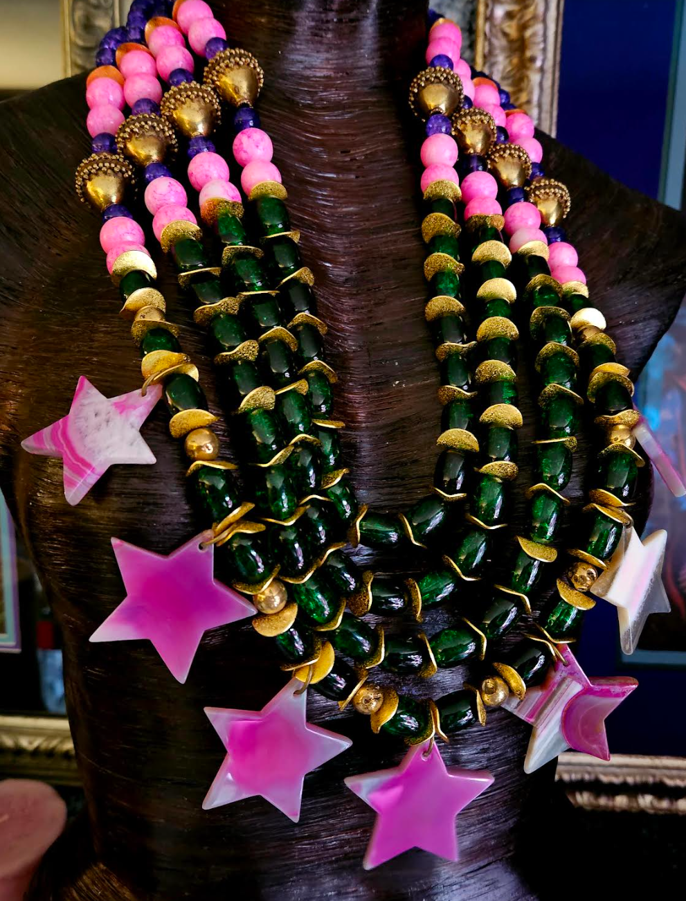Purple Pink Green & Gold Couture Beaded Chest Piece With Agate Stars