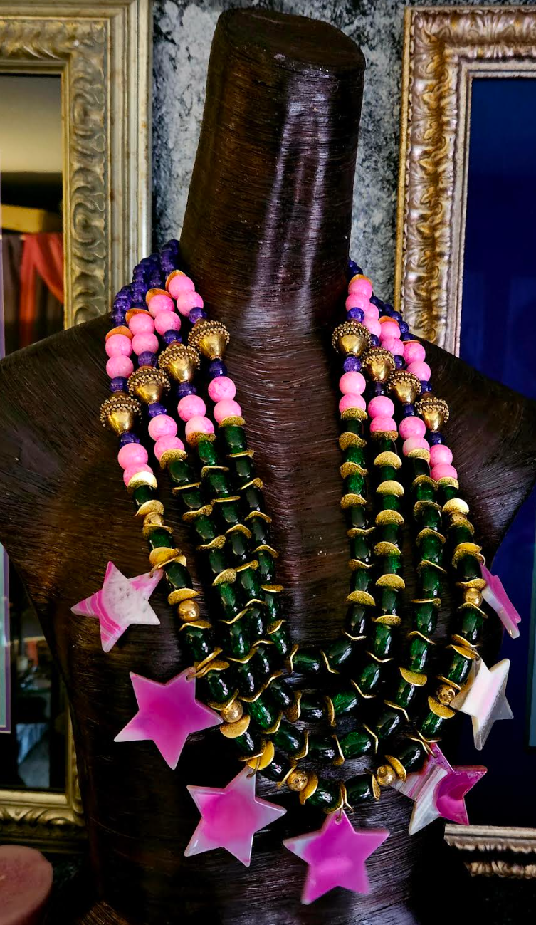 Purple Pink Green & Gold Couture Beaded Chest Piece With Agate Stars